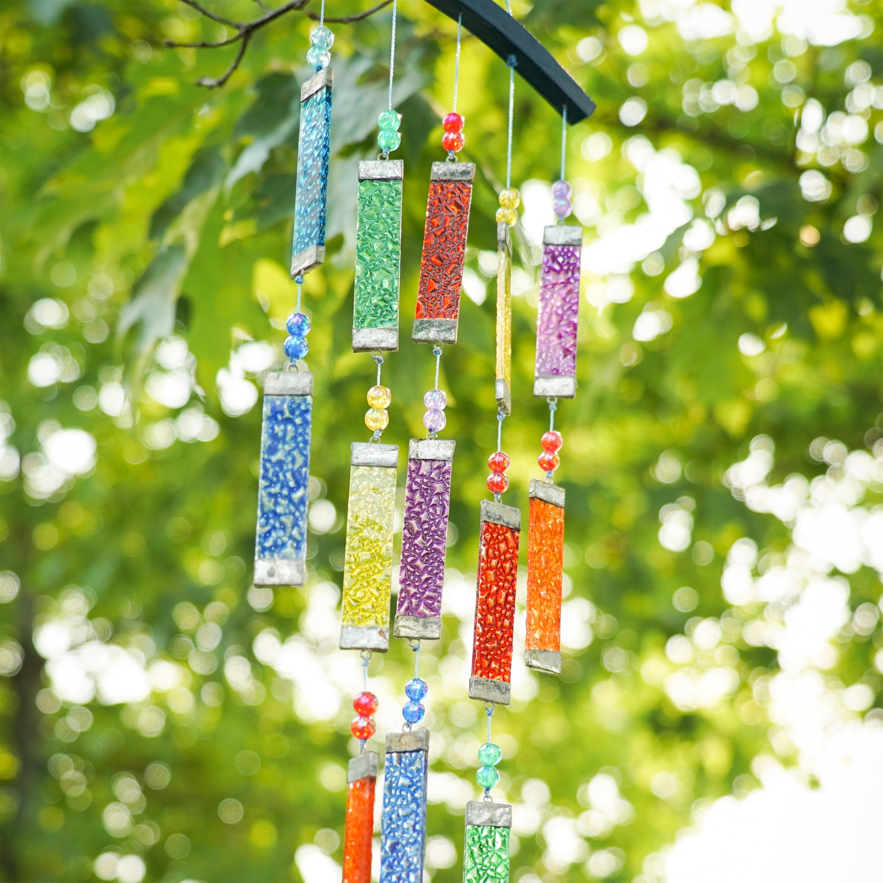 In the Breeze 7026 — Rainbow Textured Tiered Glass Mobile Wind Chime — Colorful and Melodic Suncatcher