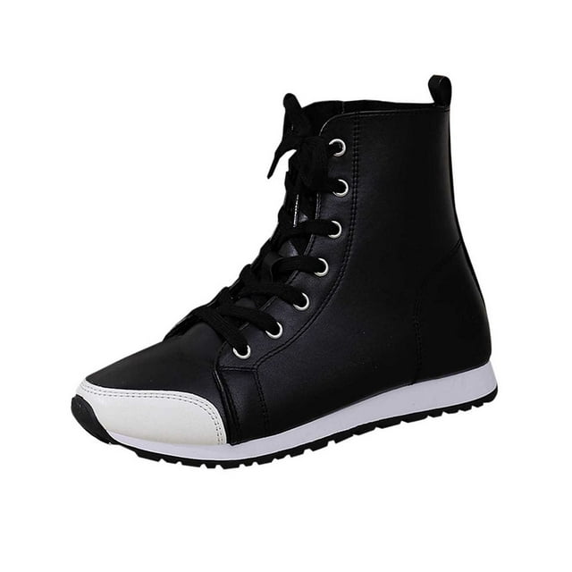 Bottes Cheville Décontractées Noires pour Femmes avec Laçage à l'Avant et Fermeture Éclair Latérale, Bout Rond, Semelle Plate pour le Quotidien