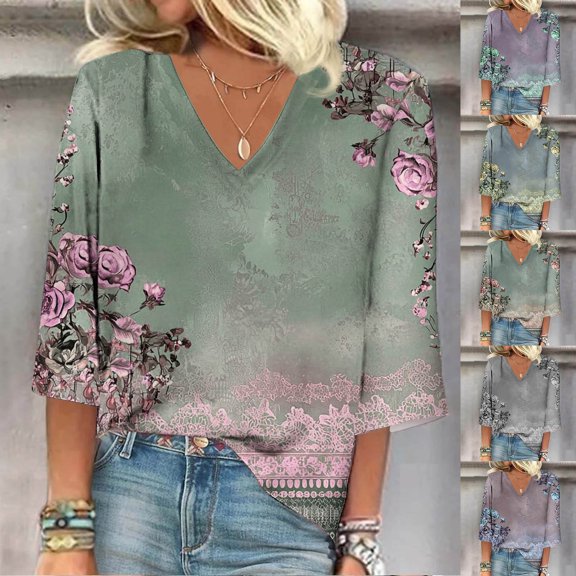 Jsaierl Tops for Women Short Sleeve Summer Vacation Shirts V Neck Soft Tunic Blouses Boho Graphic T-shirts Top S-2XL