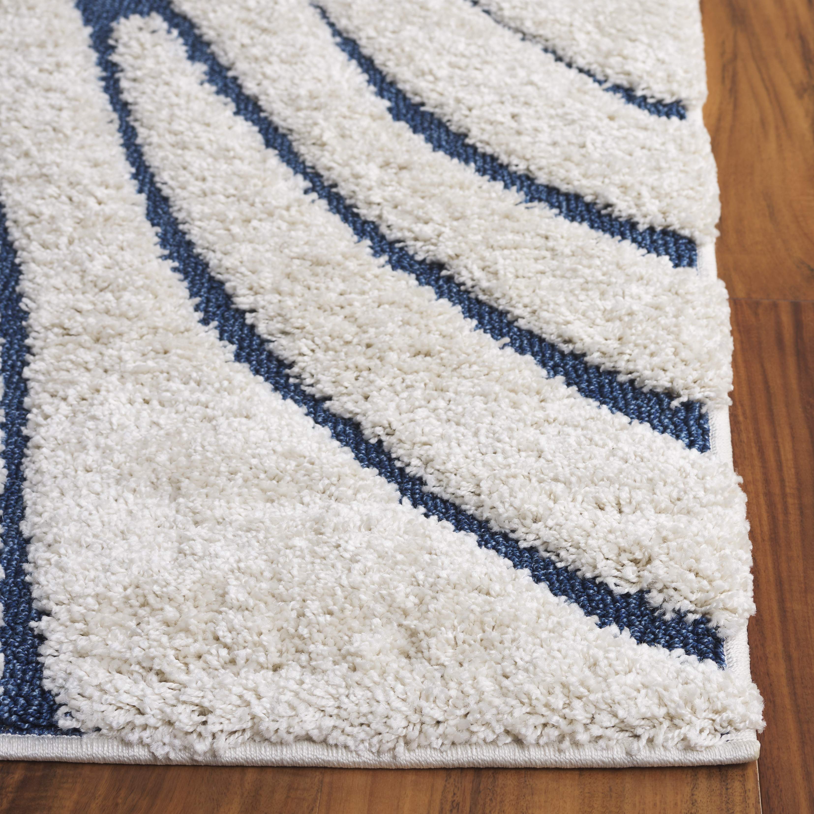 Tapis Shag Poil Long 122x122 Cm - Crème Et Bleu - Polypropylène Doux - Pour Salon, Chambre, Salle à Manger