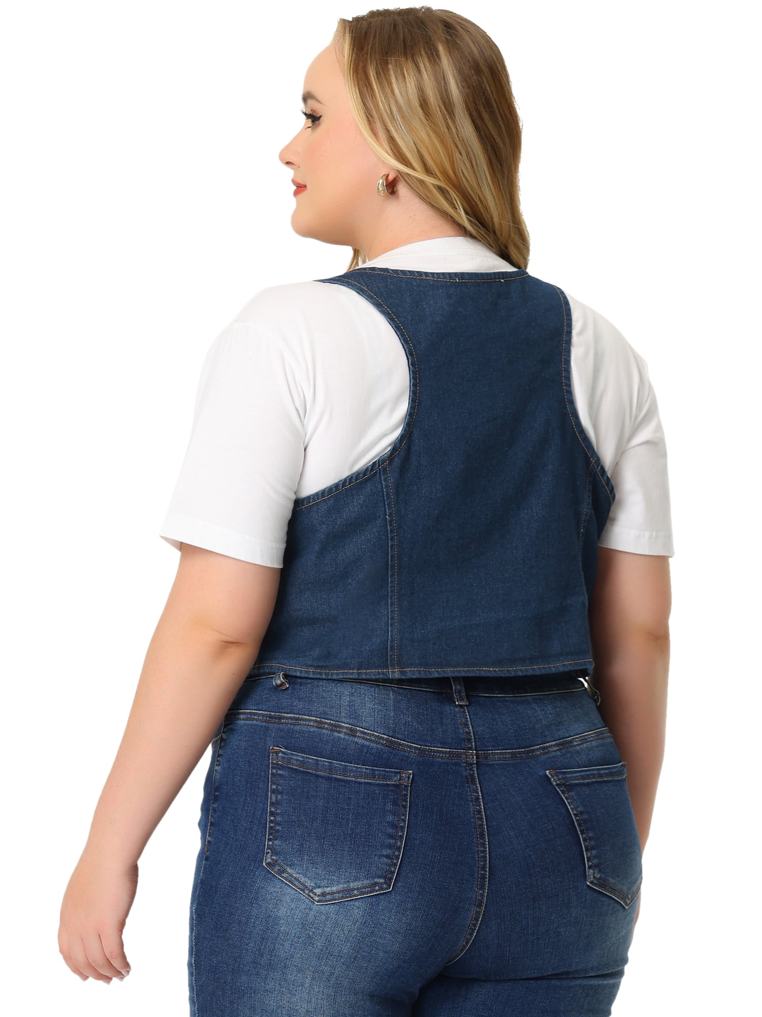 DARING DIVA Women's Plus Size Button Down V Neck Sleeveless Jean Waistcoat 4X Blue