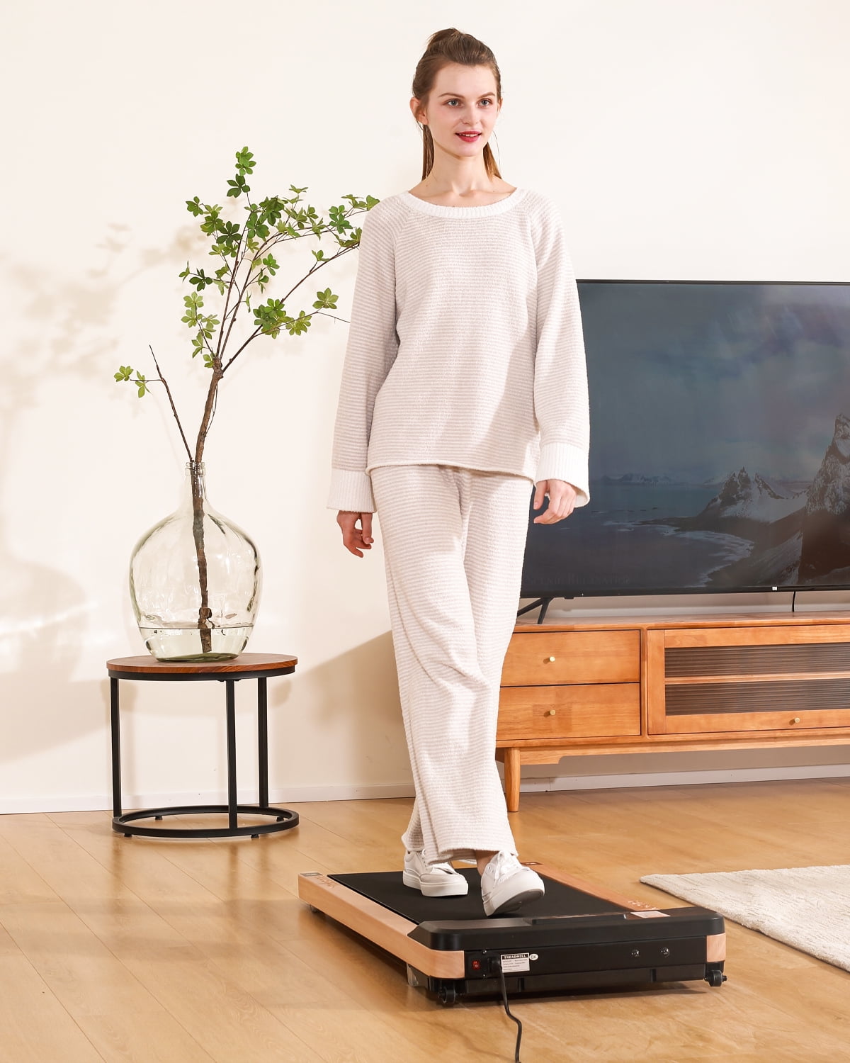 Maksone 2.25HP Installation-Free Under Desk Natural Wood Treadmill with Remote Control