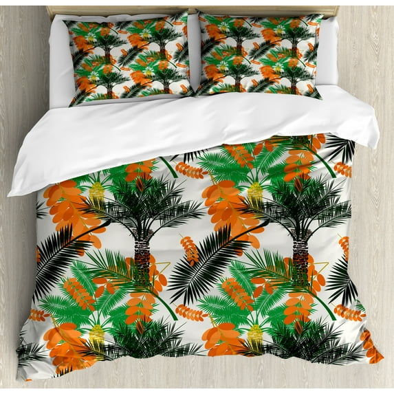 Oasis Duvet Cover Set King Size, Healthy Tasty Date Palm Tree with Fruit and Leaves, Decorative 3 Piece Bedding Set with 2 Pillow Shams, Vermilion Green Dark Green and Dark Orange, by Ambesonne