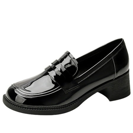 hopeusnice Women s Patent Leather Loafers Slip On Chunky Heel Dress Shoes Comfortable Low Heel Platform Work Shoes Black 38