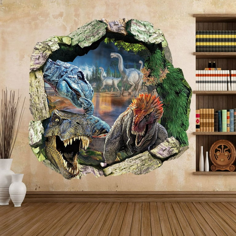 3D Dinosaurs Art Wall Sticker Vinyl Decor With Broken Illusion Effect  Peel-and-stick Dino Porthole Cracked Mural for DIY Enthusiasts 