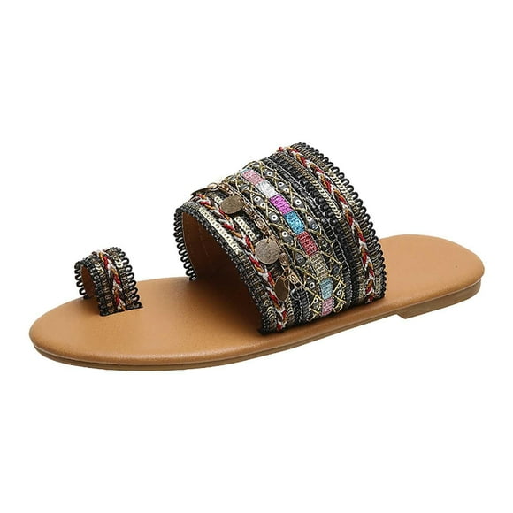 EQWLJWE Sandals Women 2022 Boho Sandals Greek Style Flip-Flops Ladies Ethnic Clip Toe Flats Slides Summer Shoes