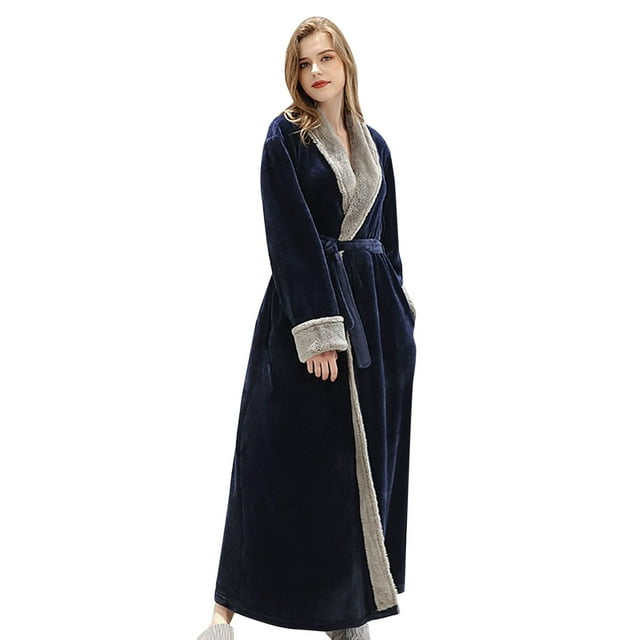 WZXFASHION Womens Fleece Robe Soft Plush Bathrobe Fluffy Cute Long Coat Night Robe WomenRobes Navy L