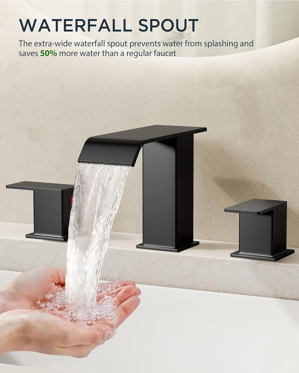 Bathroom Faucets 3 Hole,Matte Black 8 Inch Widespread Bathroom Sink Faucet Waterfall Spout, with Pop Up Drain and Water Supply, Suitable for Vanity Rv Commercial Lavatory Restroom