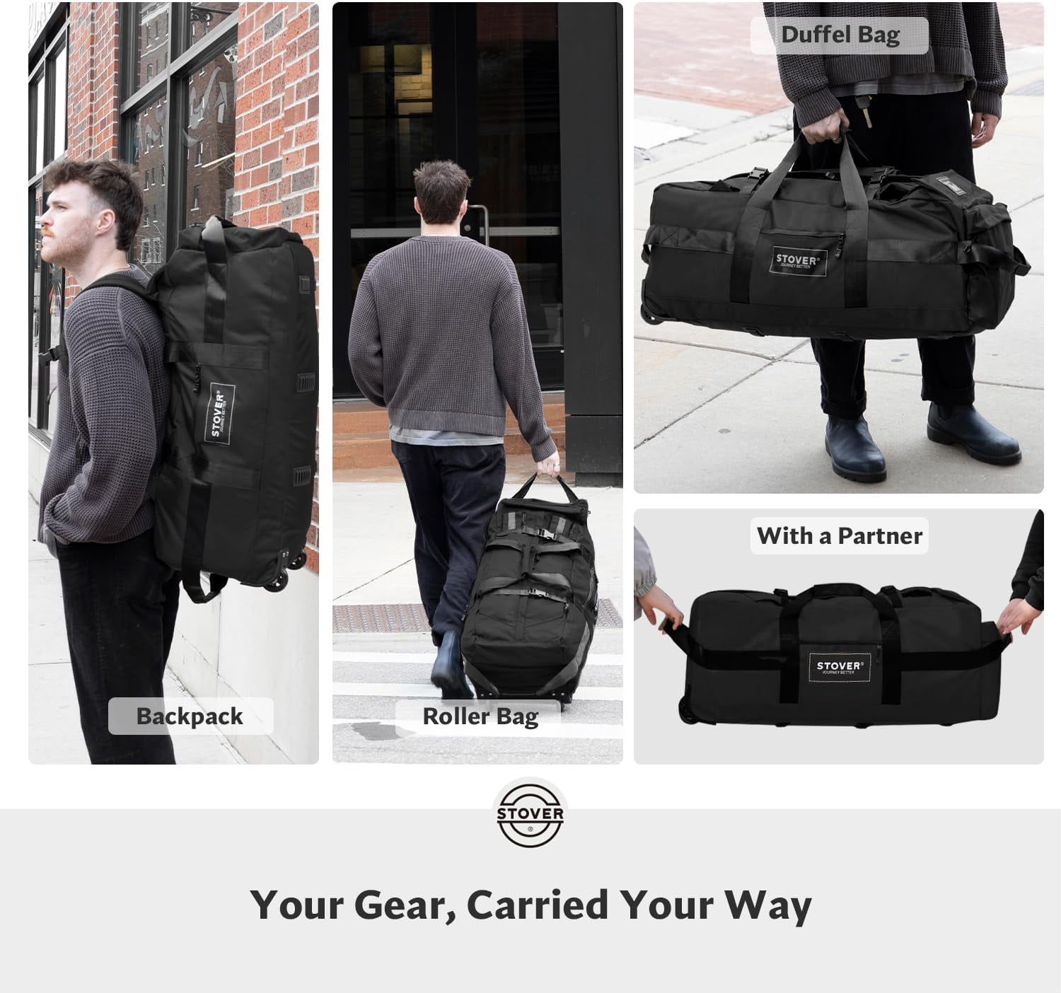 STOVER 80L Rolling Duffel Bag w/ Wheels, X-Large Durable Backpack + Toiletry Bag (Black)
