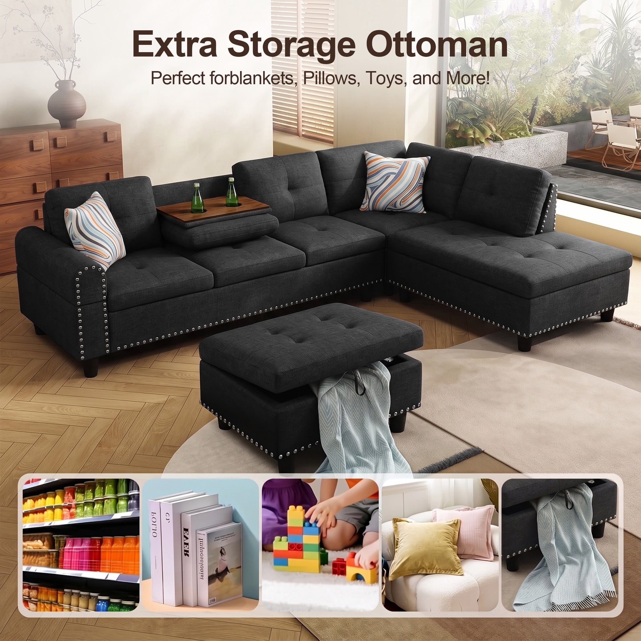 AENKYO 98" L-Shaped Sectional Sofa with Reversible Chaise, Storage Ottoman & Cup Holders, Linen, Black Gray