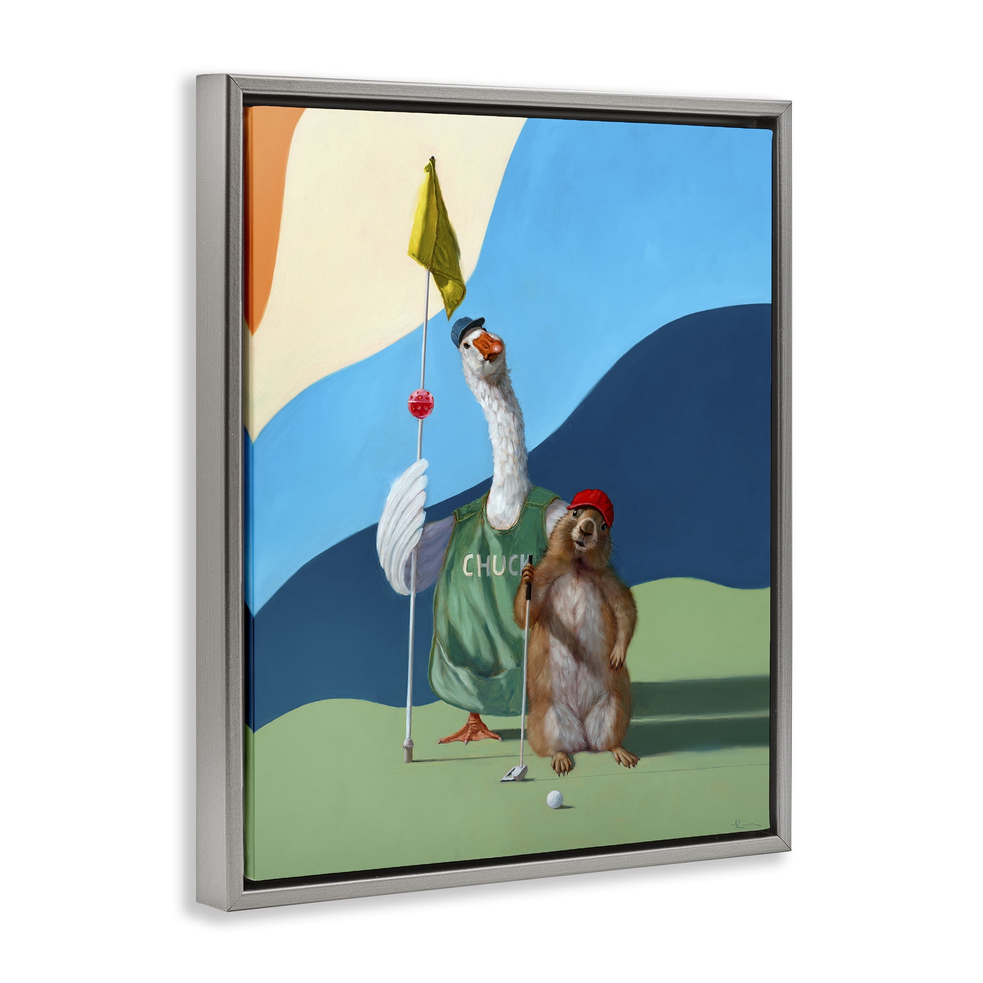 Stupell Industries Golfing Goose & Gopher Sports Painting Gray Floater Framed Canvas Art Print Wall Art, 25 x 31