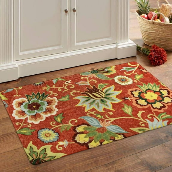 Red - 2'x3' Small Entryway Rug Washable Kitchen Mat, Non Slip Area Rug Throw Modern Floral Rugs Door Mat for Bathroom Bedroom