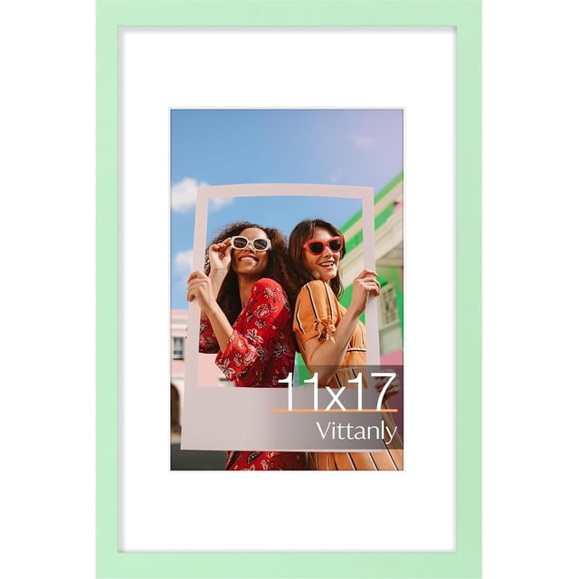 Vittanly 11x17 Picture Frame, Engineered Wood with Shatter Resistant Plexiglass, Display Pictures 8x12 with Mat or 11x17 without Mat, Photo Frame for Wall Mounting, Light Green, 1 Pack