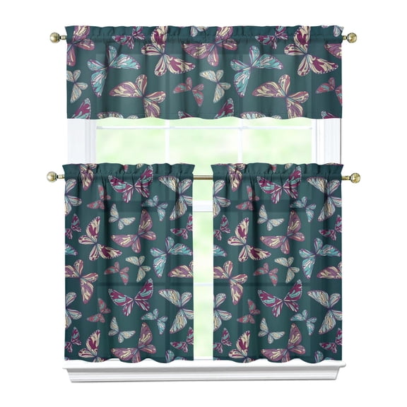 Kitchen Curtains 36 Inch Short - 3 Panel Set with Colorful Butterfly Floral Pattern, Rod Pocket Window Curtain, 100% Polyester for Butterfly Lovers, Farmhouse, Kitchen, Bedroom, Easy Wash