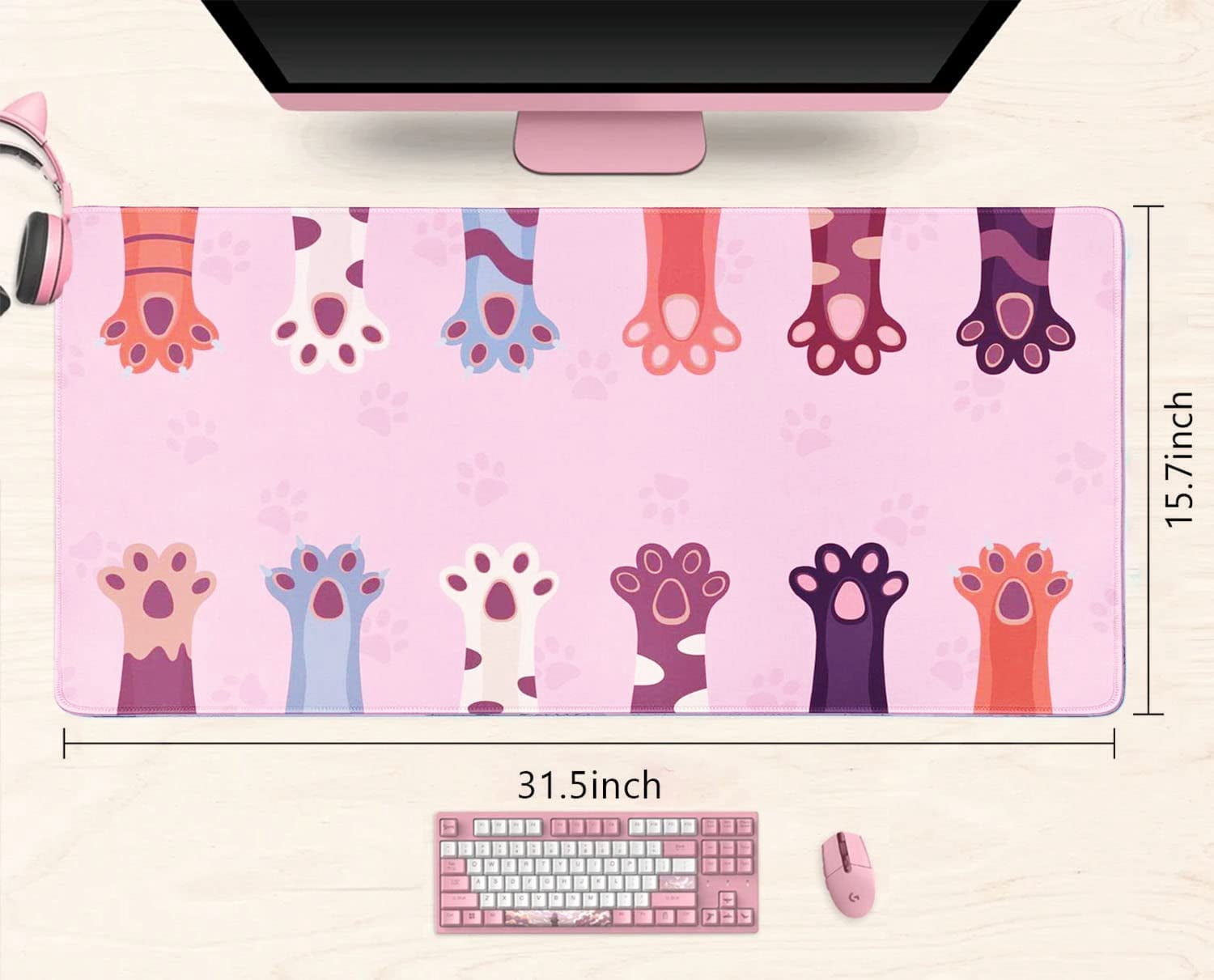 31.5x15.7in Mouse Pad Large Cute Kawaii Cat Paw Gaming Computer Desk Pink Mouse Pad No Slip Rubber Base Extended Desktop Mousepads Desk Decor Accessories for Office Work Home Writing Game
