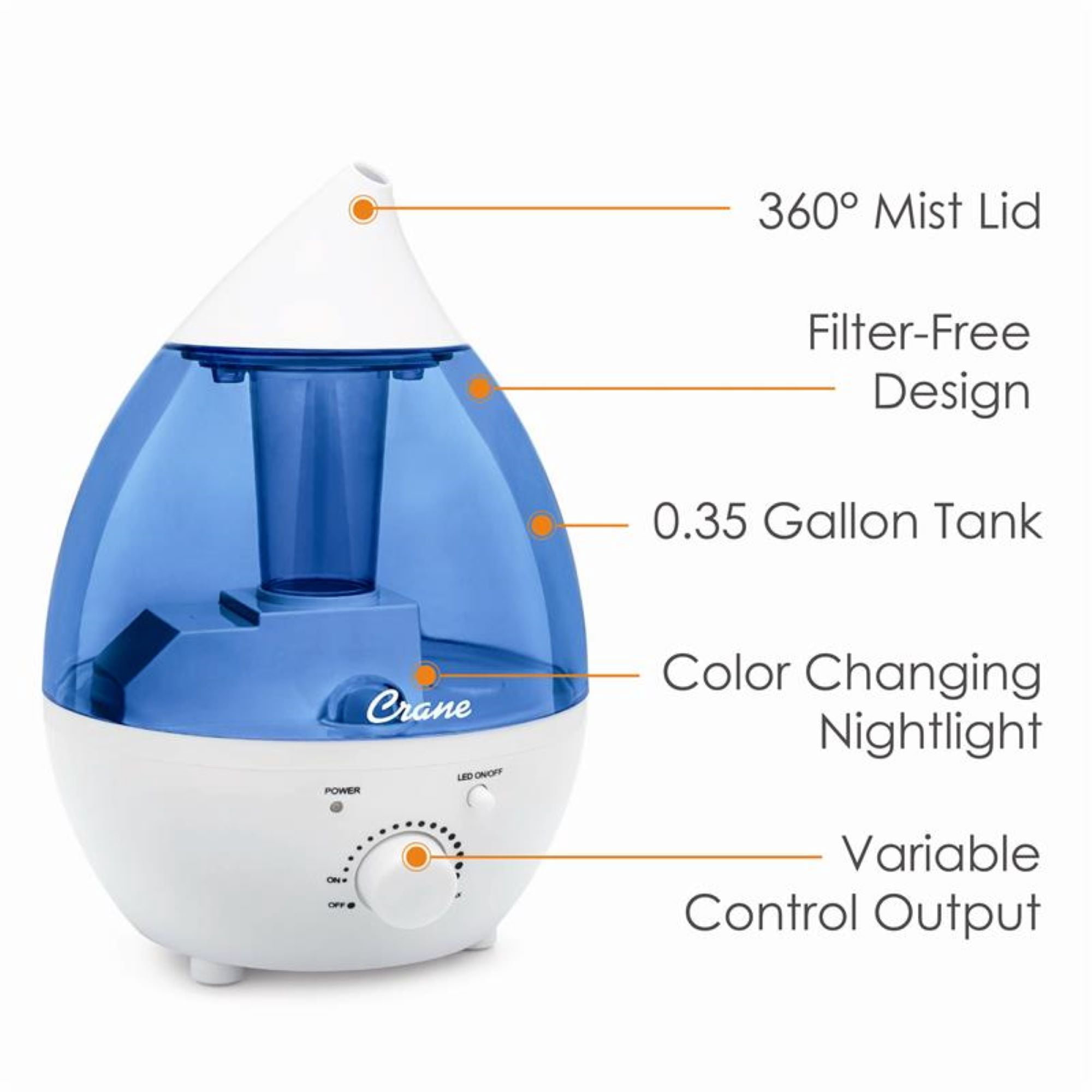 Crane Mini Drop Cool Mist Humidifier, 0.35 Gal, Quiet Ultrasonic, Filter-Free, Small Room Humidifier, Baby Humidifier