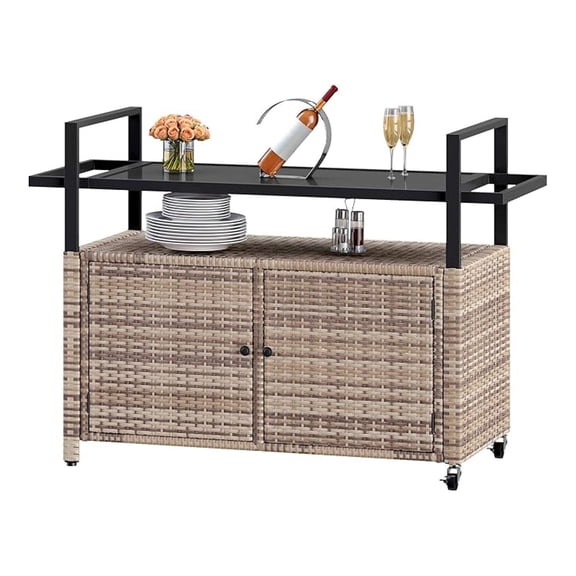 Patio Storage Cabinet,Outdoor Bar Cart with Glass Top,Outdoor Storage Table with Wheels for Patio, Poolside and Backyard,Light Brown