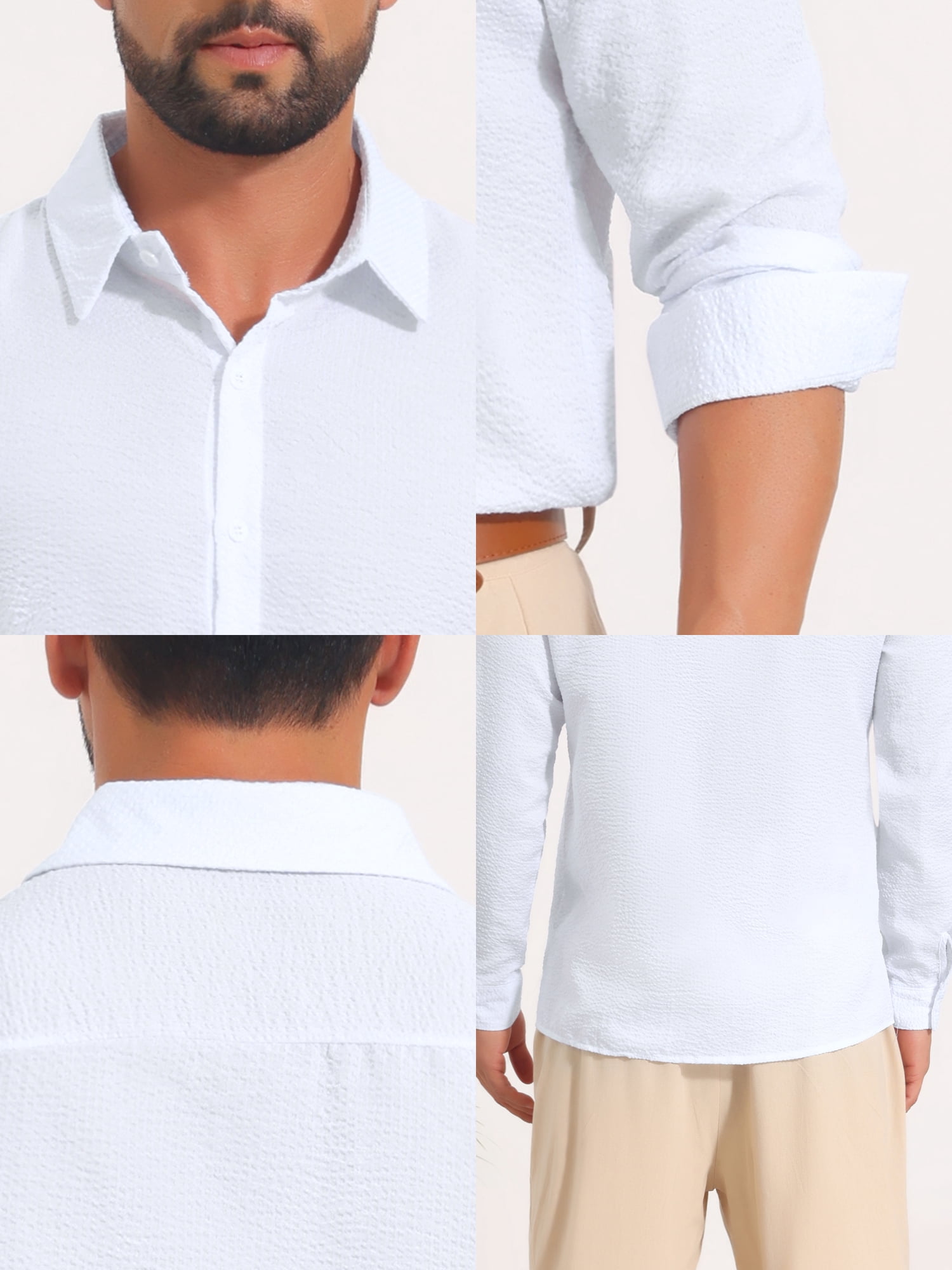 DARING DIVA Men's Seersucker Long Sleeve Button Down Textured Striped Shirts M White
