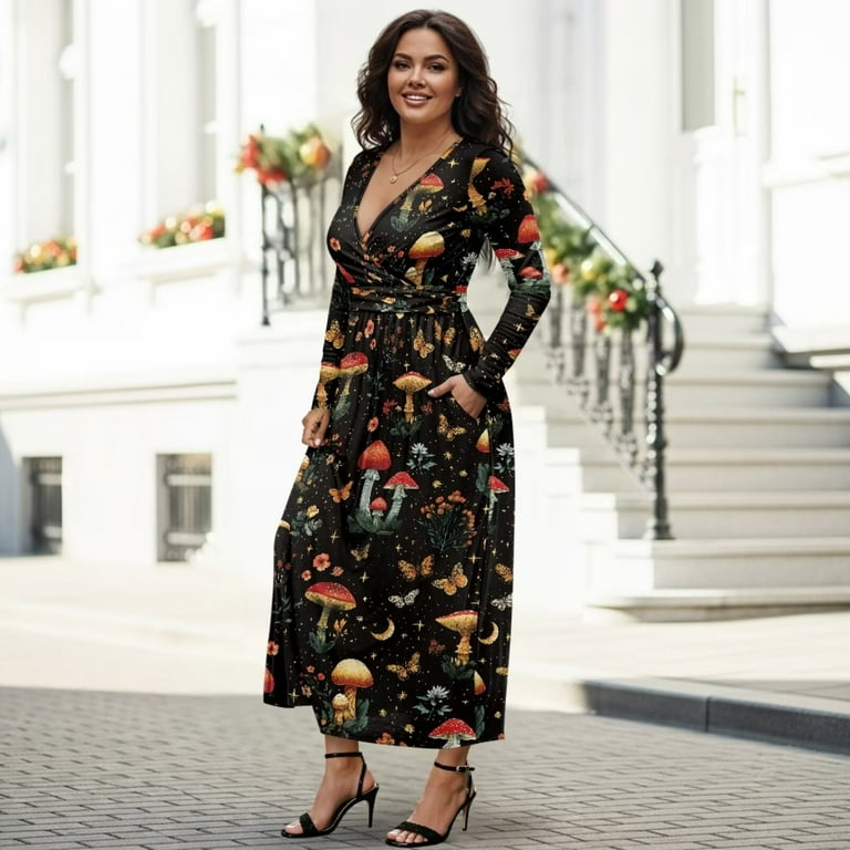 Fkelyi Mushroom Butterfly Flower Print Fall Maxi Dress for Women Long Sleeve A-Line Flowy Dresses with Side Pockets V Neck Casual Dress for Spring