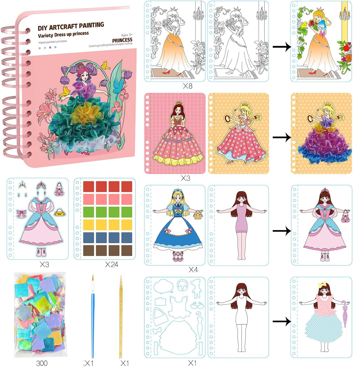 8-in-1 Magic Princess Craft Set, Princess Dress Poke Art Craft Kits for Girls, DIY Activity with Watercolor Painting & Stickers, Foil Crafts Art Fun & Gem Painting for Boys & Girls