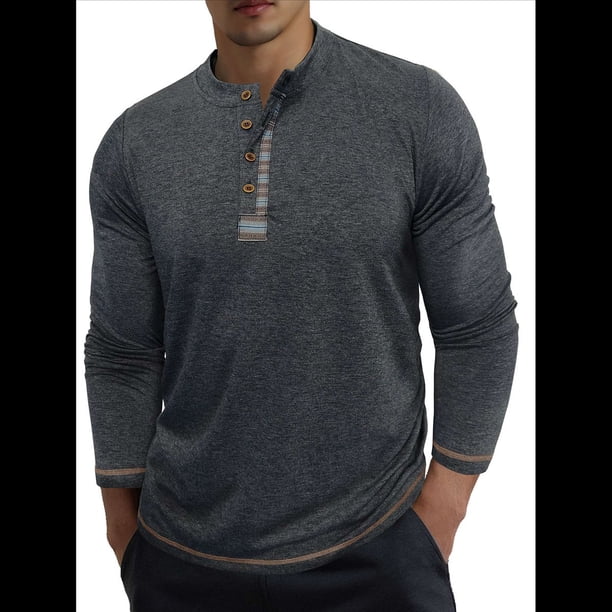 Camisetas Henley para Hombre, Larga Raglán, Informales, Ajustadas, Ligeras, de Moda. Gris Oscuro L