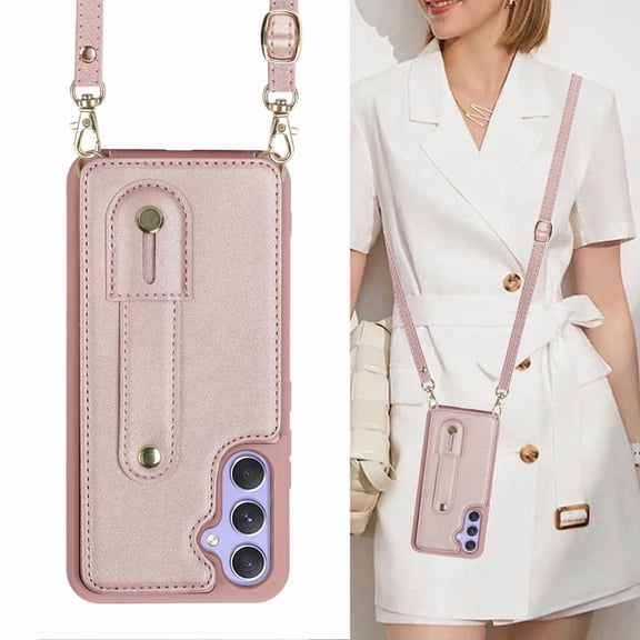 Tianyeda Crossbody Wallet Phone Case for Samsung Galaxy A15, PU Leather Case Back with Card Slot Magnetic Clasp Kickstand wrist holder RosePink