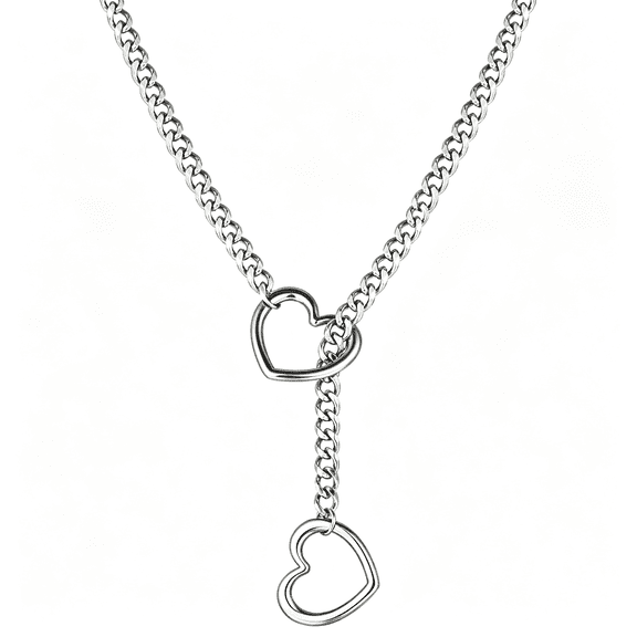 DESIGNICE Heart O-Ring Slip Chain Necklace for Women Punk Rock Stainless Steel Cuban Long Handmade Adjustable Lariat Y-Necklace Jewelry Gifts Punk Rock Stainless Steel Slip Chain Necklace
