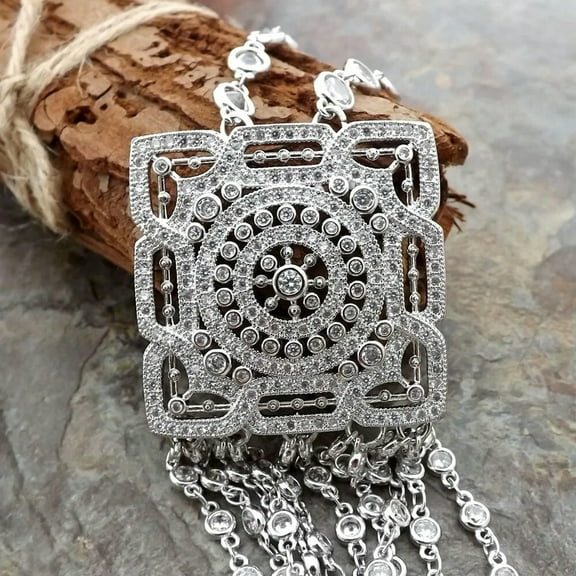 K-KED 22'' White Rice Pearl Cz Pave Pendant Chain Necklace