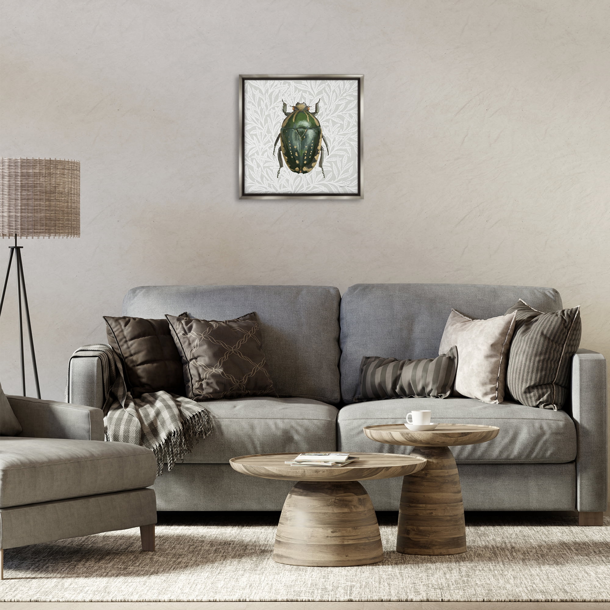 Stupell Industries Beetle with Botanical Pattern Animals & Insects Painting Gray Floater Framed Canvas Art Print Wall Art, 18 x 18