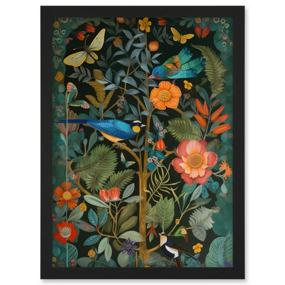 Birds and Butterflies Modern Flower Art Nouveau Artwork Framed Wall Art Print A4