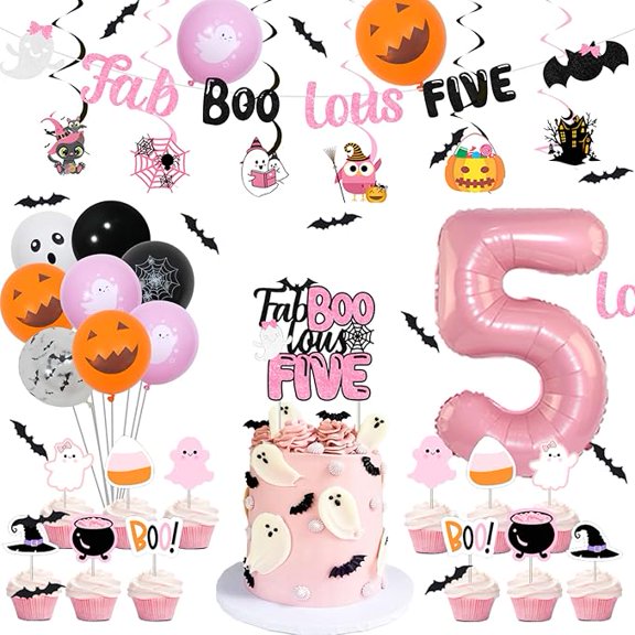 Halloween 5th Birthday Decorations for Girls Pink Orange, Balloons Banner Kit Glitter Paper Cake Topper Ceiling Hanging Swirl, Five Years Old Party Decor Supplies Favors