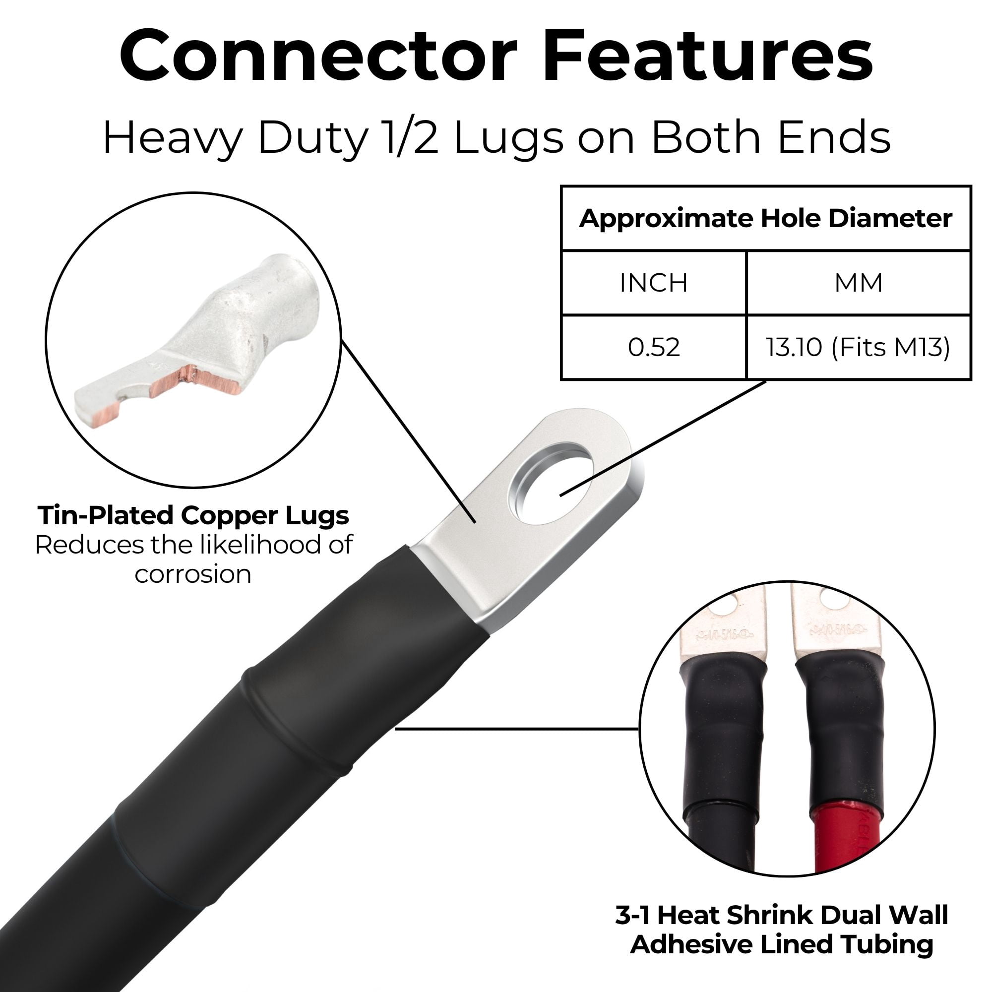4/0 AWG Battery Cables with Terminals, Positive and Negative Wires Pure Copper, Solar Power Inverter, Welding, Golf Cart, Motorcycle (Red and Black, 2 FT (24 in), 1/2" Lugs on Both Ends, 2pcs)