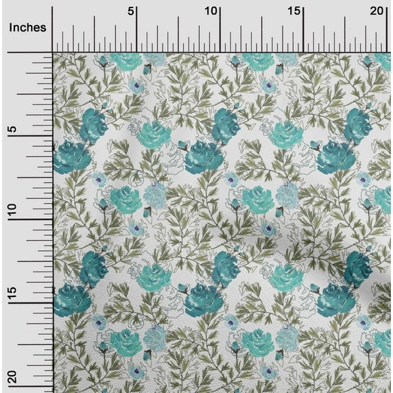 oneOone Georgette Viscose Teal Green Fabric Flower & Leaves Watercolor Sewing Material Print Fabric By The Yard 42 Inch Wide