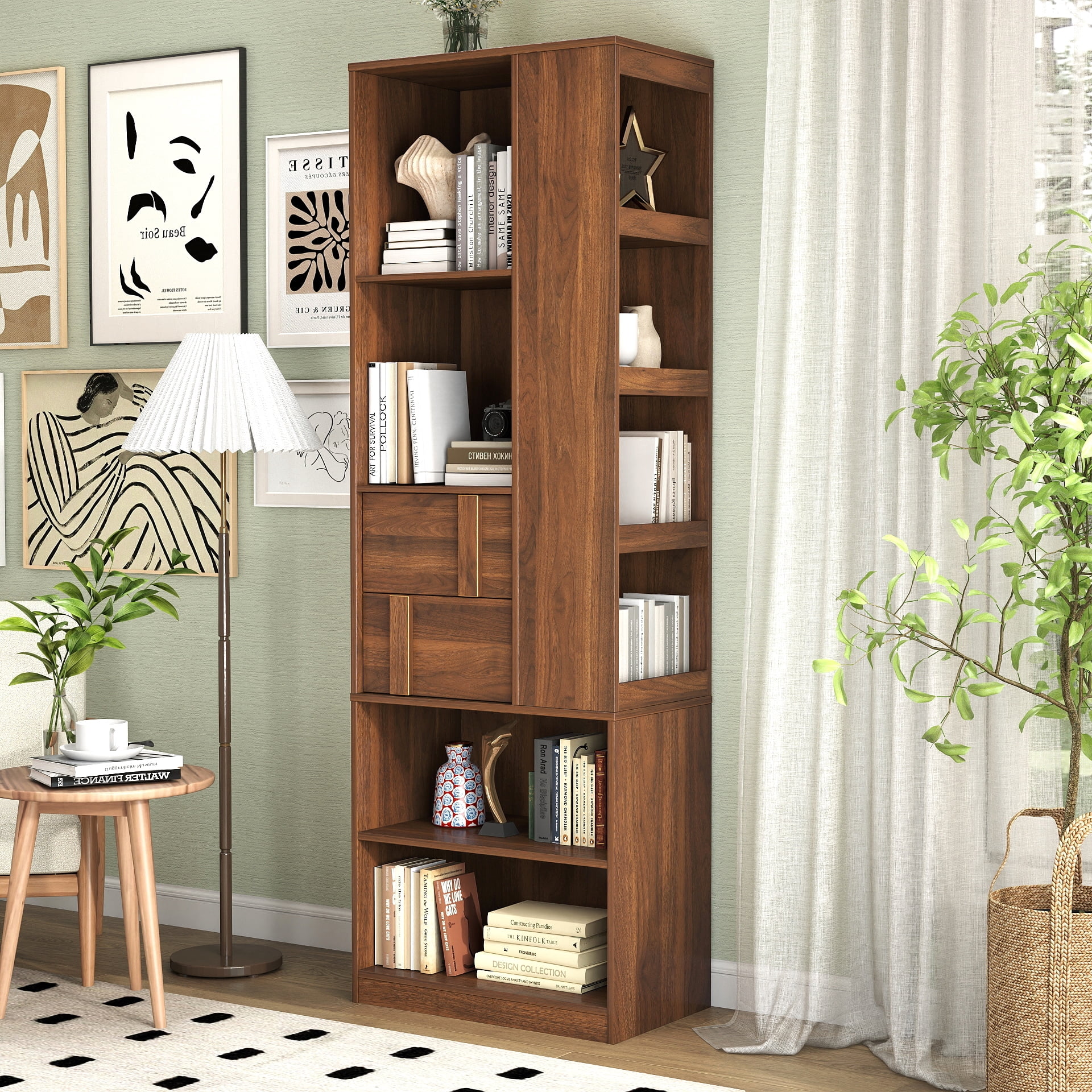 71" Tall Bookshelf Freestanding Bookcase Storage Cabinet with Drawers & Open Shelves