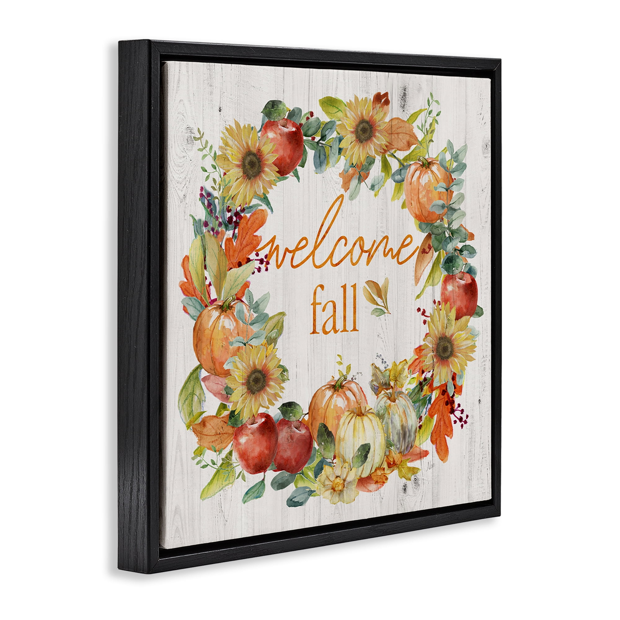 Stupell Industries Welcome Fall Pumpkin Wreath Botanical & Floral Painting Black Floater Framed Canvas Art Prints Wall Art, 18 x 18