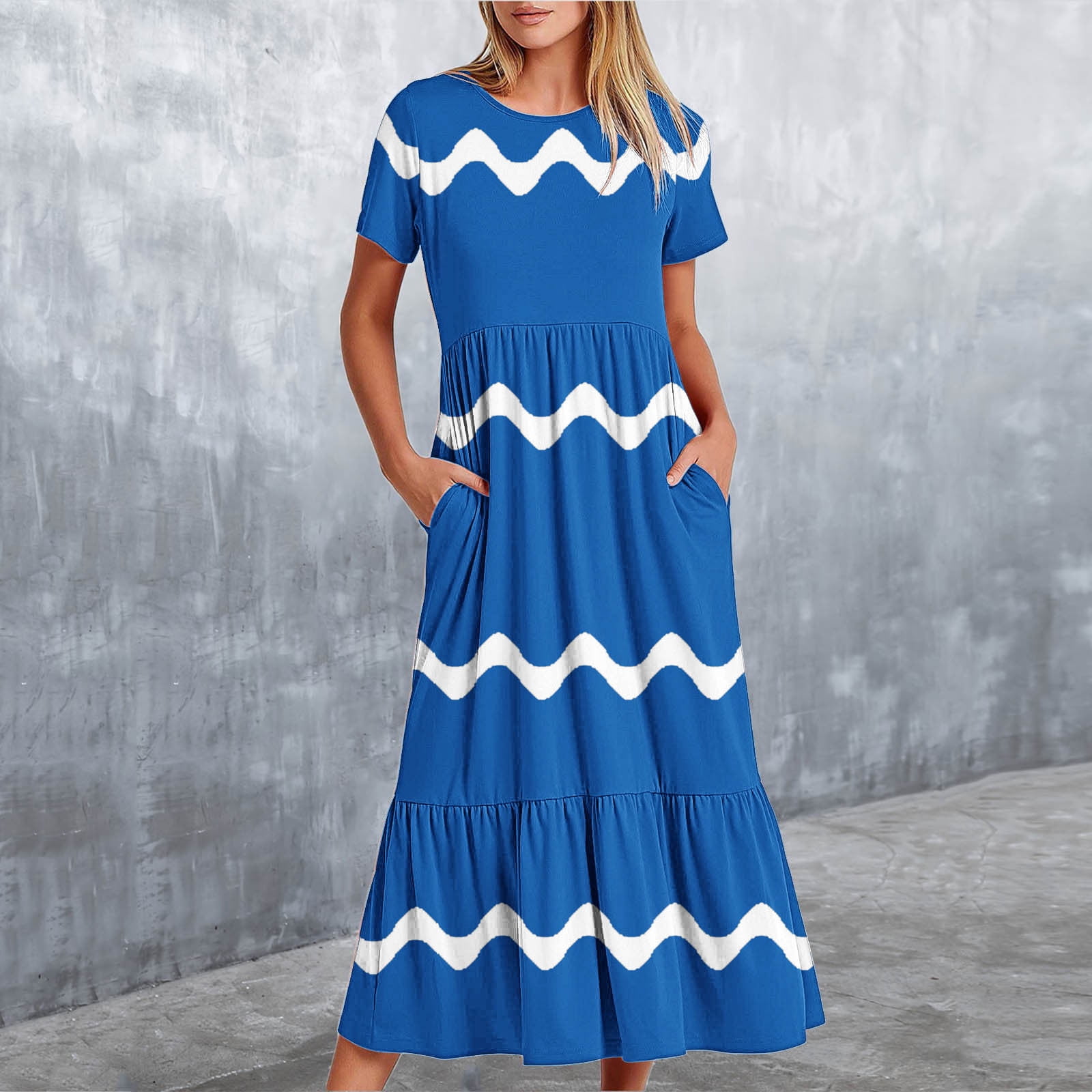 Womens Short Sleeve Mid Long Dress with Pockets Fashion Wave Striped Print Pleated Casual Tiered Maxi T-shirt Dress (X-Large, Blue)