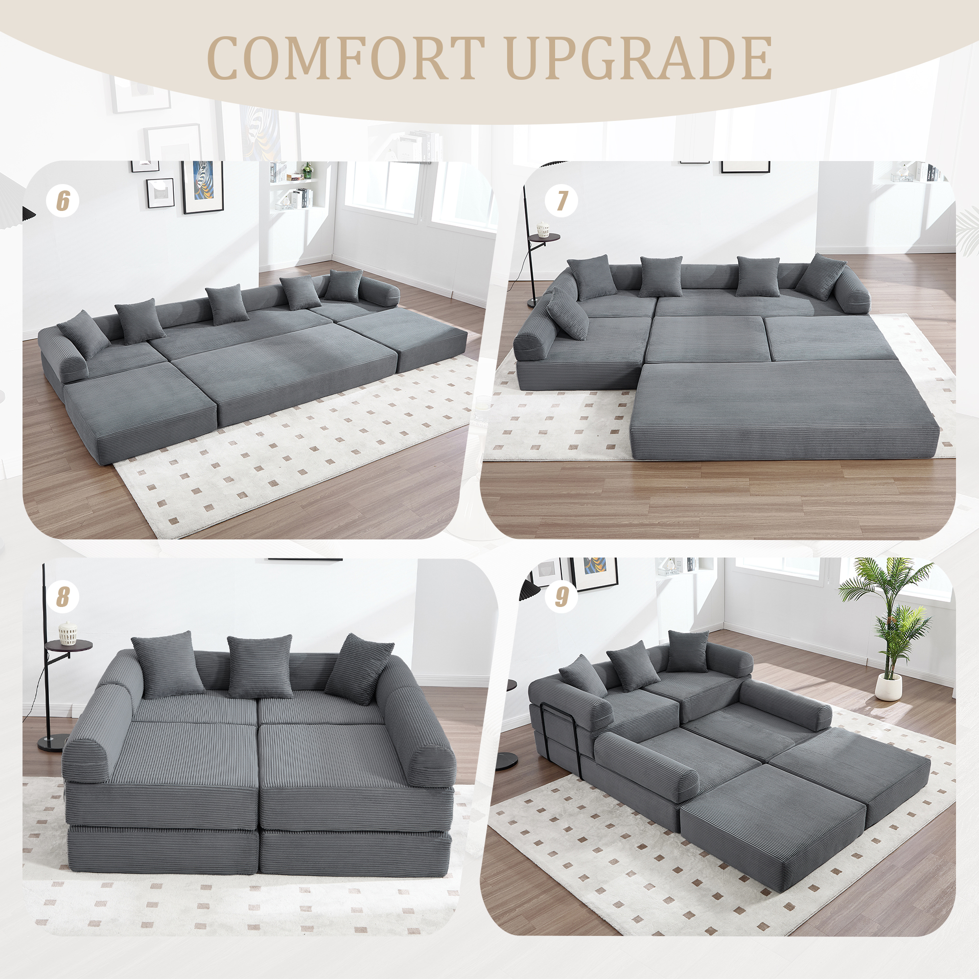 MOONMISS Corduroy Upholstered Convertible Folding Sofa Bed with Fixed Frame and Pillow Back Handrail-Gray