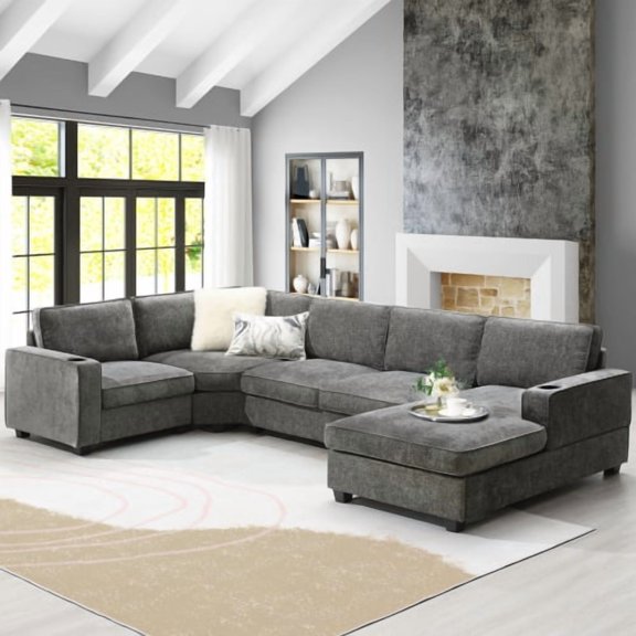 Newest 117.5" U-Shaped Chenille Sectional Sofa, Gray 6-Seat Corner Couch with Cup Holders & Oversized Chaise for Living Room