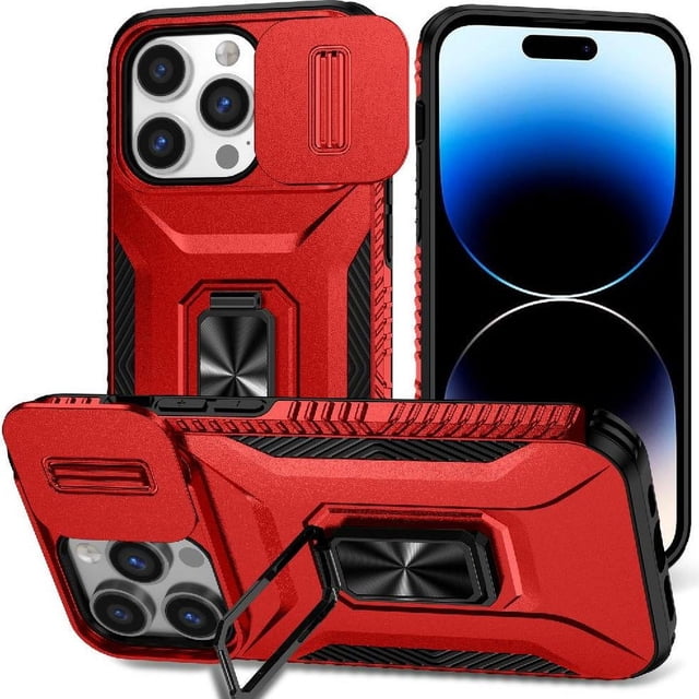 Heavy Duty Armor Case for iPhone 14 Pro with Slide Camera Cover & Magnetic Ring Stand Red