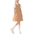 thumbnail image 3 of SGFCWSX Girls 3-Piece School Uniform Outfit, Kids Short Sleeve Collared Shirt with Bow Tie and Sleeveless Pleated Jumper Dress Set Khaki Size 9-10 Years, 3 of 6