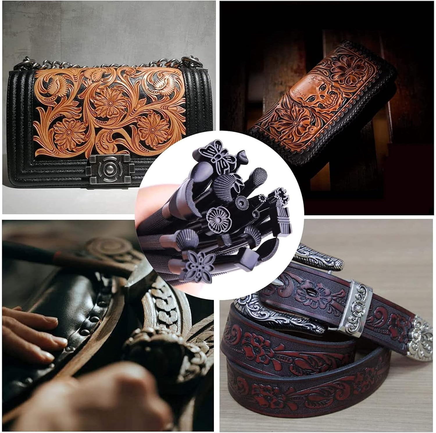 Black Leather Stamping Tool Set 20pcs Mixed Shape Pattern Drill Steel Saddle Making Punch Carving Leather Craft DIY Working