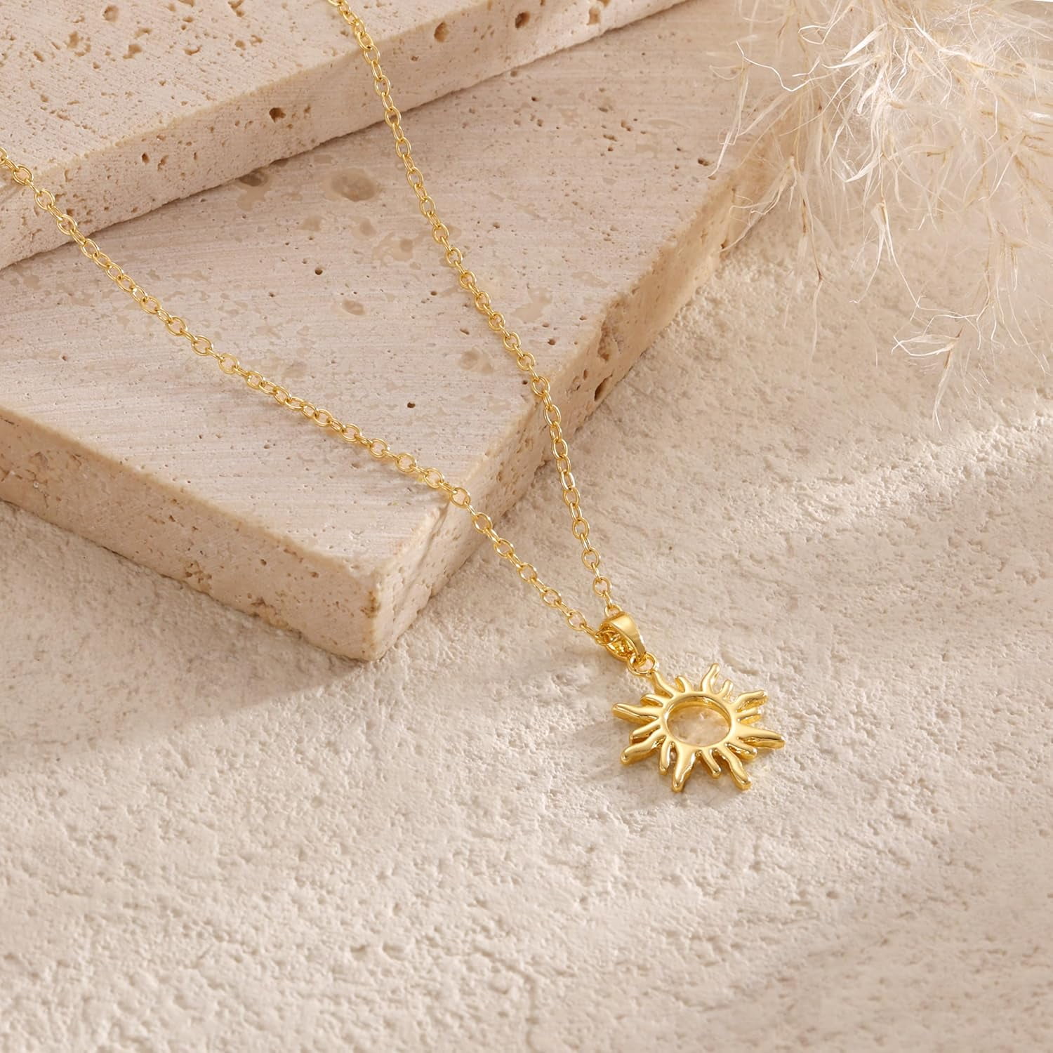 JL Layered Necklaces for Women Trendy, Dainty 14k Gold Plated Pendant Necklace Layering Necklace for Women Non Tarnish Hypoallergenic Sun Gold Necklace Stack Gold Jewelry for Women Gifts