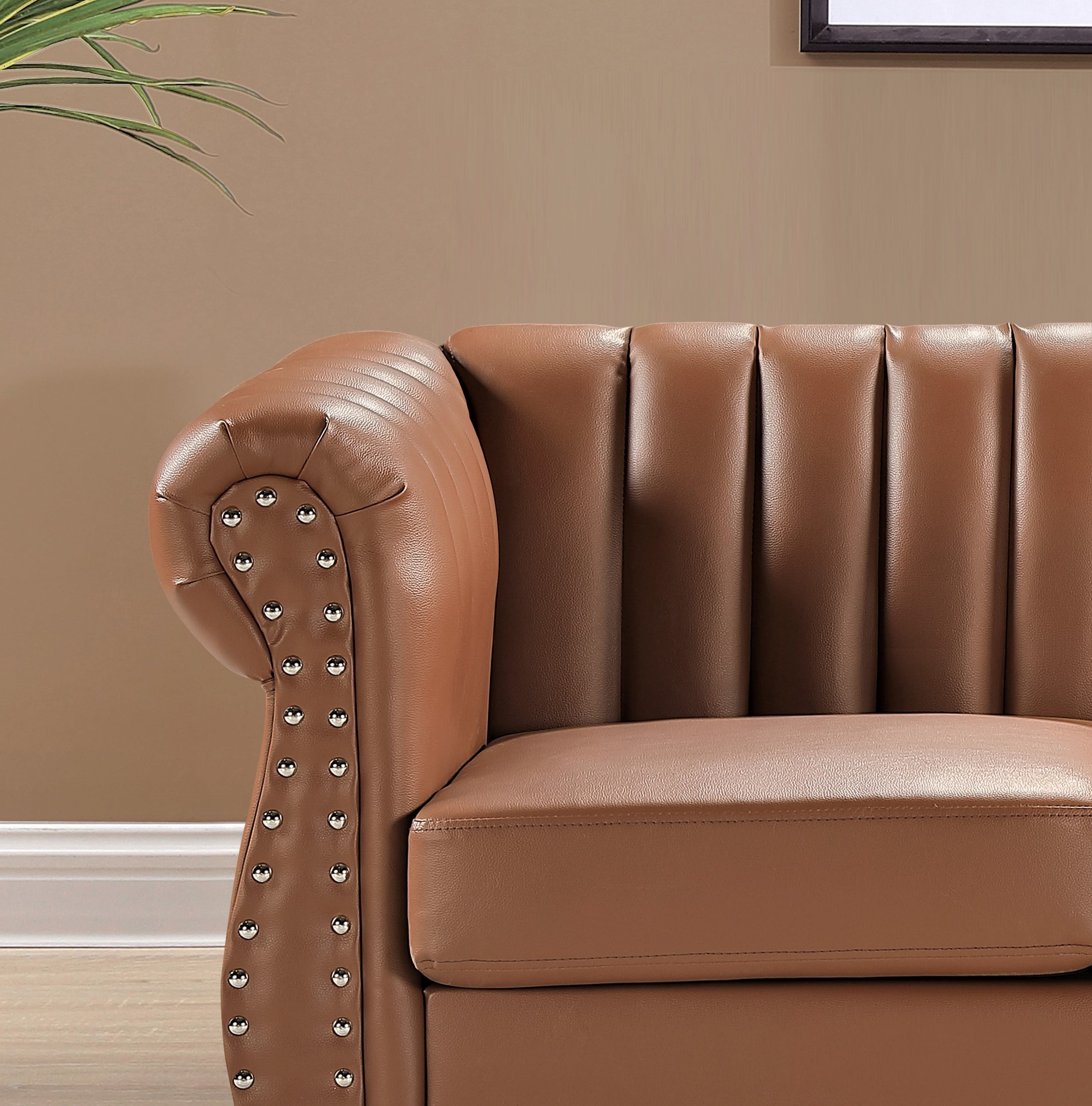 Uspridefurniture Faux Leather Rolled Arms Loveseat, Brown
