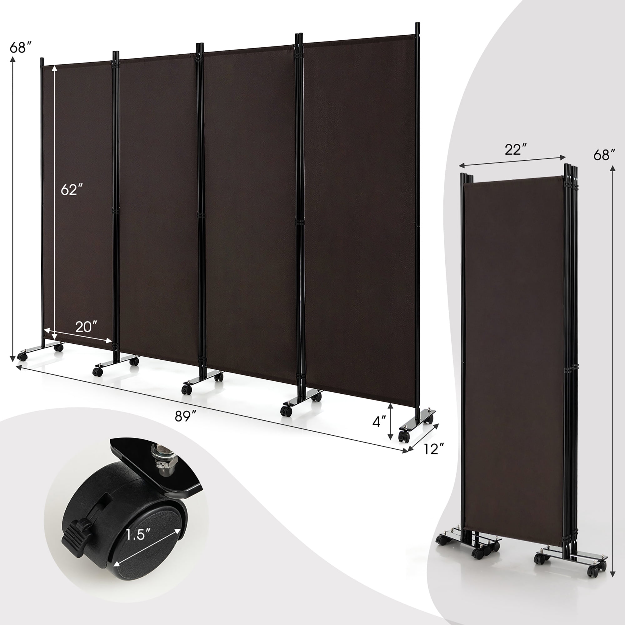 Costway JV10724CF 4-Panel Folding Room Divider 6FT Rolling Privacy Screen with Lockable Wheels, Brown
