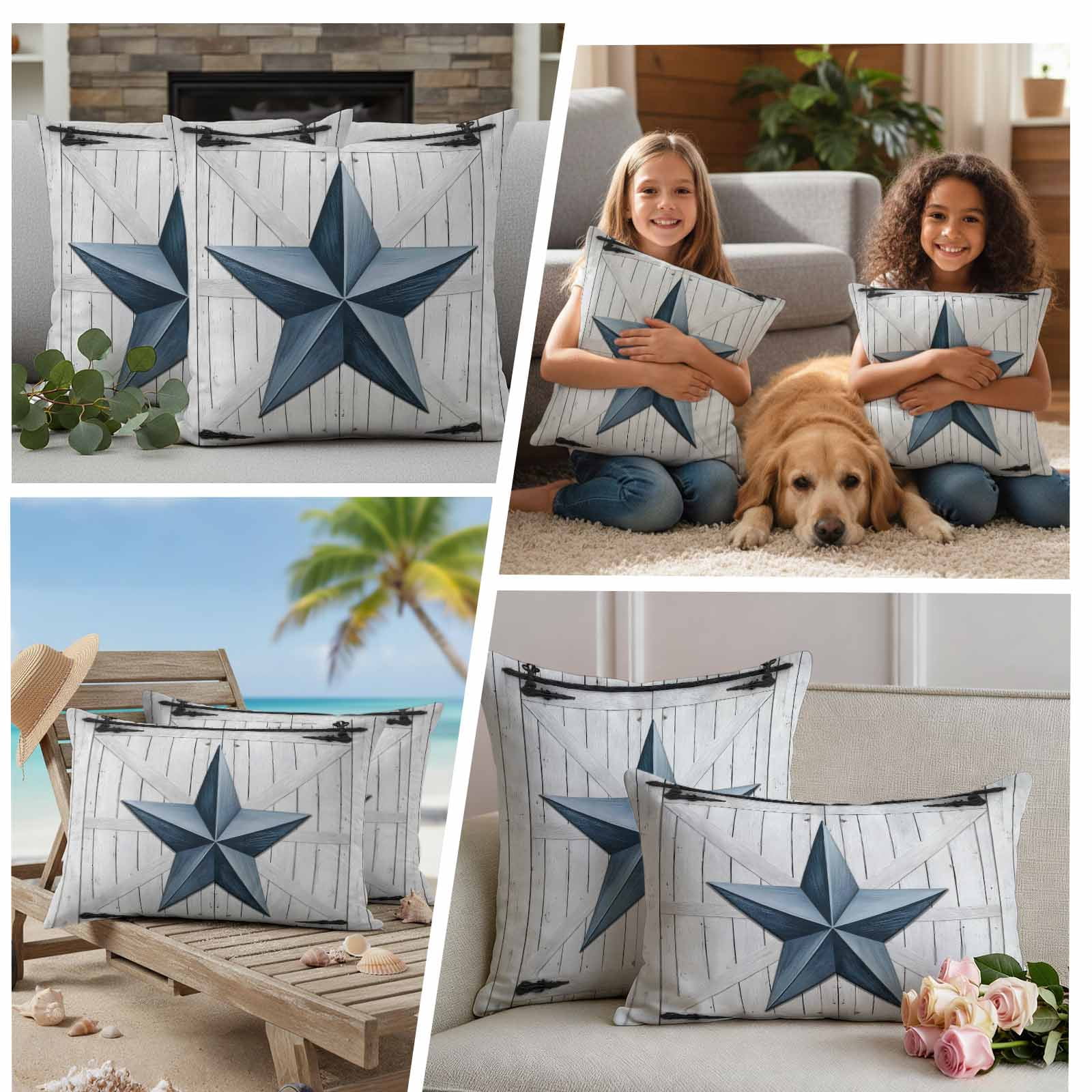 Texas Star Vintage Outdoor Waterproof Pillow Covers, Navy Blue Wooden Retro Decorative Square Throw Pillowcase Sofa Cushion Sham for Patio/Couch/Chair, 16"x16" 2 Pack
