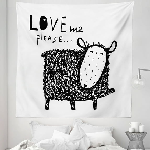 Sheep Tapestry, Love Me Please Lettering Lamb Scribble Romantic Affection Livestock Illustration, Fabric Wall Hanging Decor for Bedroom Living Room Dorm, 5 Sizes, White Dark Grey, by Ambesonne