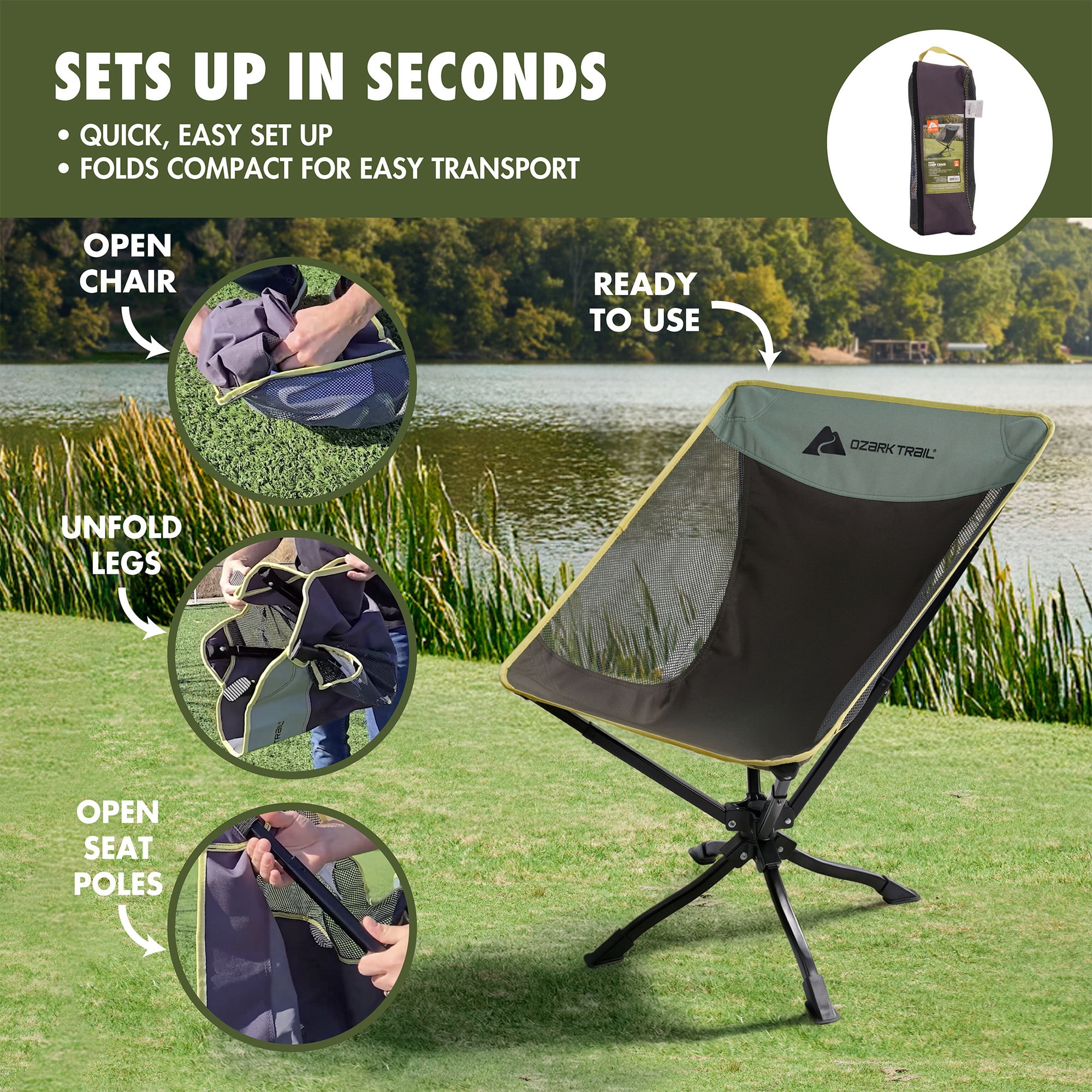 Ozark Trail Compact Camping Chair with 360-Degree Swivel Seat and Carry Bag