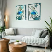 Liffy Blue Glass Fish Wall Art with LED Lights - Outdoor Decor for Patio, Garden, and Pool (2pcs)