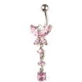 thumbnail image 1 of Crystal Butterfly Dangle Ball Barbell Bar Belly Button Navel Ring (Pink), 1 of 4
