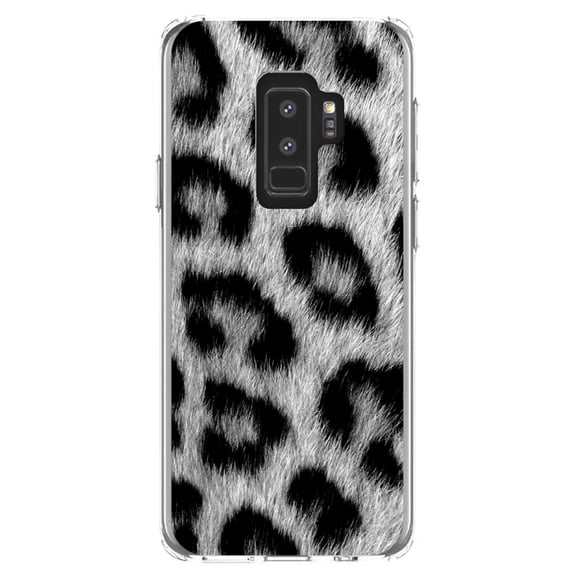 DistinctInk Clear Shockproof Hybrid Case for Samsung Galaxy S9  PLUS (6.2" Screen) - TPU Bumper, Acrylic Back, Tempered Glass Screen Protector - Black White Snow Leopard Fur Print